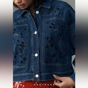 Anthropologie Midnight Blue Denim Jacket with Black Embellishments